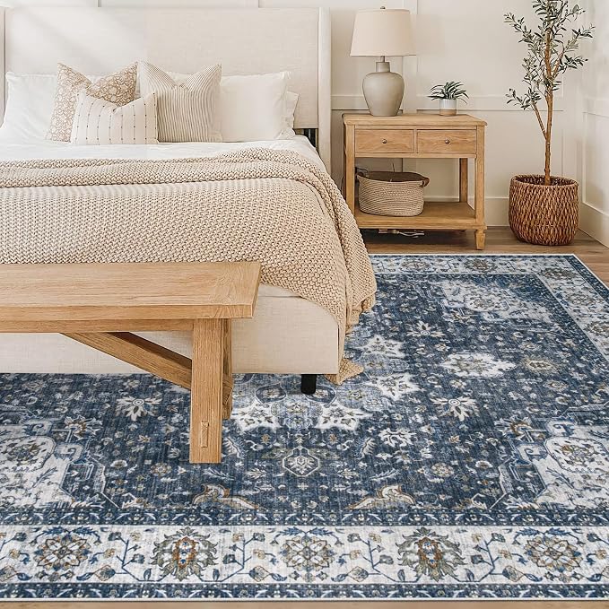 Area Rug 6x9 Washable Rug, Vintage Boho Medallion Rugs Non-Slip Soft Low Pile Large Distressed Rug Indoor Retro Carpet for Living Room Bedroom Dining Room Home Office (Vintage Blue, 6'x9')