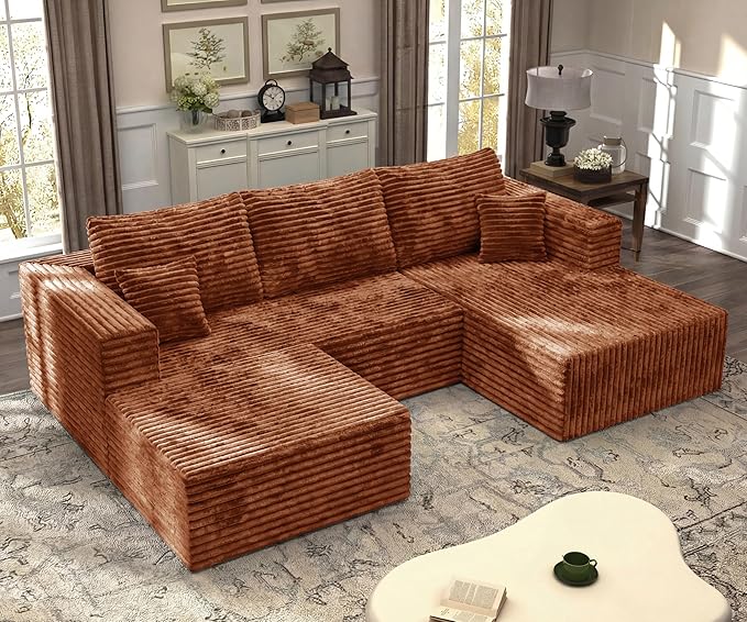 37.4'' Plush Fluffy Corduroy Ottoman for Boneless Couch in a Box, Modern Compressed Sofa, Small Comfy Rectangle Couch for Living Room, Bedroom, Orange, (Ottoman)