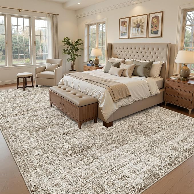 Soalmost 7x10 Area Rug for Living Room Washable Abstract Vintage Soft Thin Indoor Floor Non-Slip Carpet for Bedroom Dining Room Brown