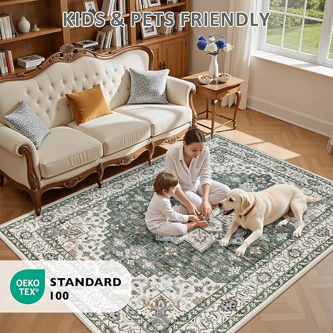Hallway Runner Rug Non Slip - Washable 2.6x8 Kitchen Rugs for Living Room, Low-Pile Soft Bedroom Rug Indoor Floor Stain Resistant Carpets for Entryway, Laundry, Bathroom Green Ivory