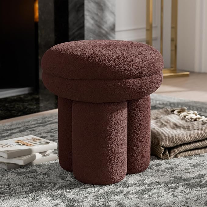 Furniture of America Rami Modern 17.5-inch Mushroom-Shape Upholstered Ottoman with Tri-Pillar Pedestal, Vanity Stool Chair, Small Foot Stool for Bedroom, Living Room, Entryway, Brown