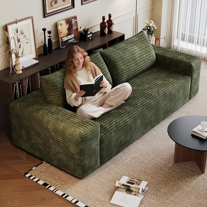 JINGLING 71" Small Couches for Small Spaces, Memory Foam Loveseat Corduroy Couch in a Box, Compressed Boneless Sofa for Living Room Bedroom, Apartment Furniture, No Assembly Required, Green