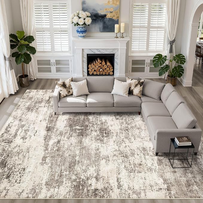 10x14 Area Rugs Living Room: Washable Large Neutral Rug Abstract Soft Modern Stain Resistant Indoor Floor Non-Slip Carpet for Bedroom Nursery Kids Office Playroom Dining Room Under Table- Mocha Brown