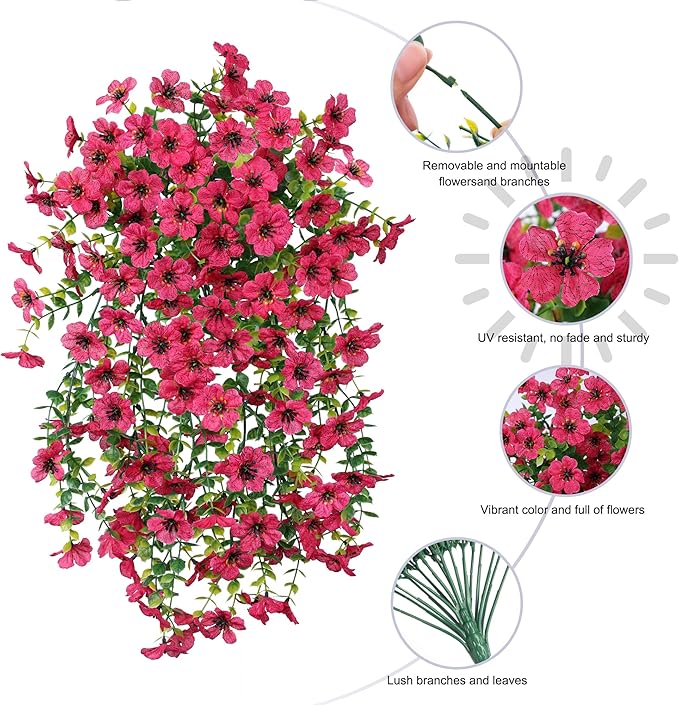 HyeFlora Artificial Flowers for Outdoors Fake Hanging Decoration, 2Pcs Hotpink Spring Decor, Realistic Plants, UV & Fading Resistant Silk Flower for Porch Patio Balcony Planter Yard