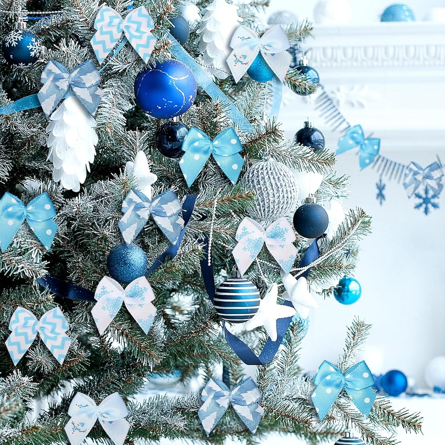 Syhood 150 Pcs Christmas Mini Bow Tiny Twist Tie Bow Handmade Craft Ribbon for DIY Sewing Party Decor(Blue and White,Snowy)