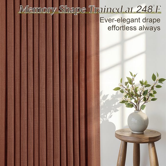 Terracotta Burnt Orange Thick Linen Curtains Pinch Pleated 90 Inch Length 2 Panels for Living Room Bedroom Semi Sheer Light Filtering Heavy Linen Drapes