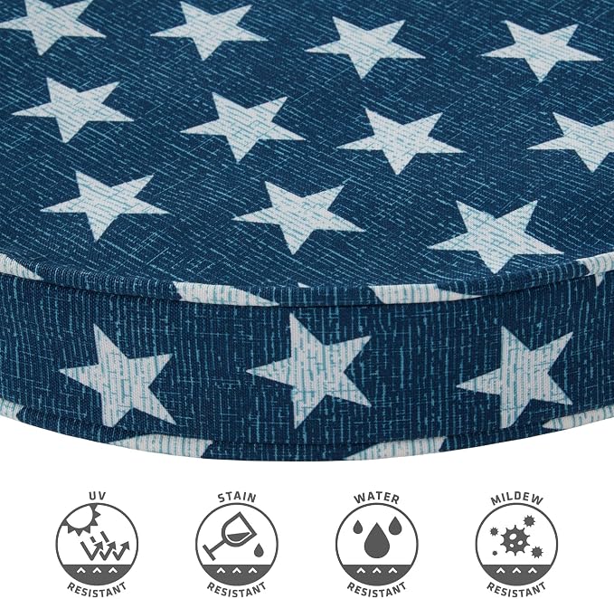 Set of 2 Outdoor 18 inch Round Patio Dining Chair Pads – Comfortable Fiber-Filled Seat Cushions with Ties, Reversible Polyester Fabric, Stars