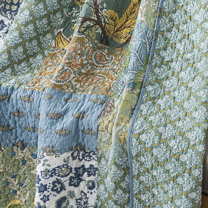 NEWLAKE Cotton Quilted Throw Blanket for Bed Couch Sofa, Reversible Matelasse Blanket with Real Stitched Embroidery,Green Farmhouse Garden,60X78 Inch