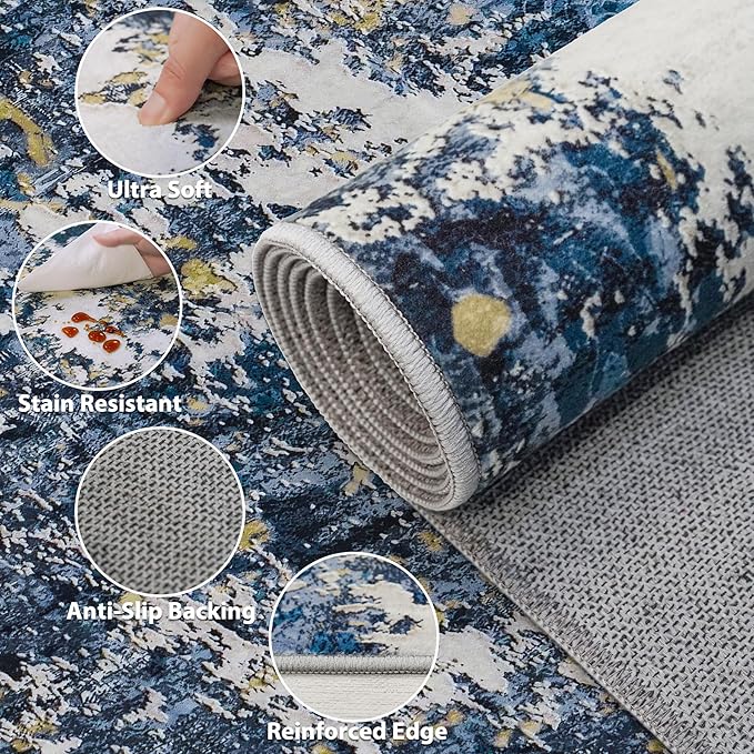 10x14 Area Rugs Living Room Rugs: Large Washable Rug with Anti-Slip Backing Non-Shedding Stain-Resistant Soft Abstract Carpet for Bedroom Dining Room Nursery Home Office-Blue/Multi