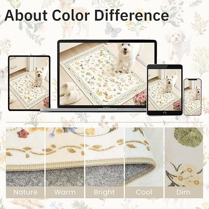 Soalmost Dog 5x7 Area Rugs for Living Room, Machine Washable Animal Floral Vintage Rug Non-Slip Low Pile Soft Throw Rugs for Kitchen Dining Room Bedroom Nursery Playroom (5 x 7,Beige)
