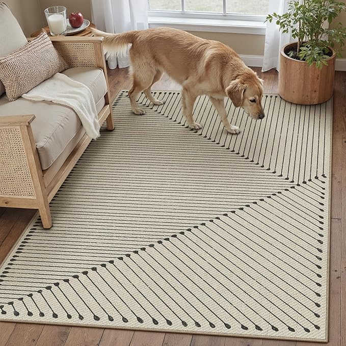 HUGEAR 3'x5' Outdoor Rug Black Geometric Waterproof Patio Rugs Linen-Look Modern Area Rug Outside Floor Mat for Camping RV Deck Porch Balcony Backyard Beach Picnic Carpet Decor