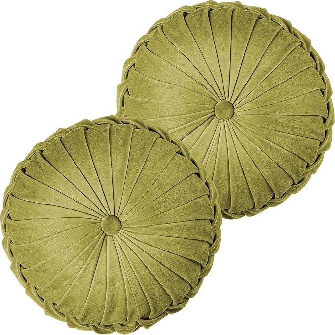 ROSE&RISY Round Pleated Velvet Throw Pillow, 2 Pack Decorative Accent Pumpkin Pillow Cushion for Couch Sofa Bed, Soft Plush Retro Vanity Throw Pillows for Home Decor, 14.5 Inch, Olive Green