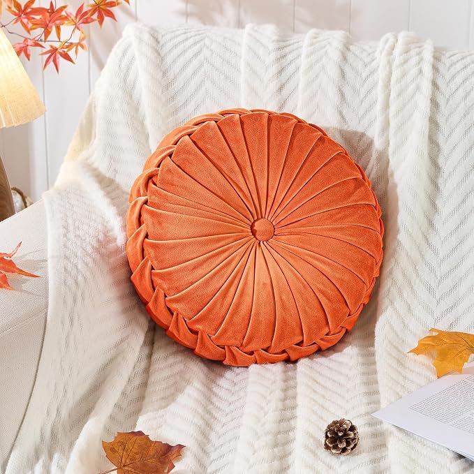 ROSE&RISY Round Pleated Velvet Throw Pillow, 1 Pack Decorative Accent Pumpkin Pillow Cushion for Couch Sofa Bed, Soft Plush Retro Vanity Throw Pillow for Home Decor, 14.5 Inch, Orange