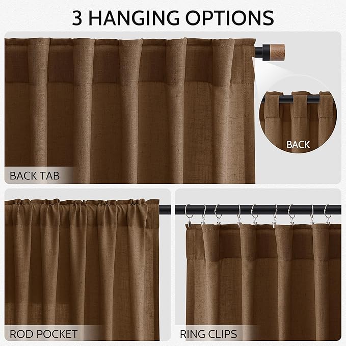 Tobacco Brown Linen Curtains 96 Inches Long for Living Room Rod Back Tab Vintage Rustic Farmhouse Cotton Textured Light Filtering Curtain 96 Inch Length for Dinning Room Bedroom 52x96