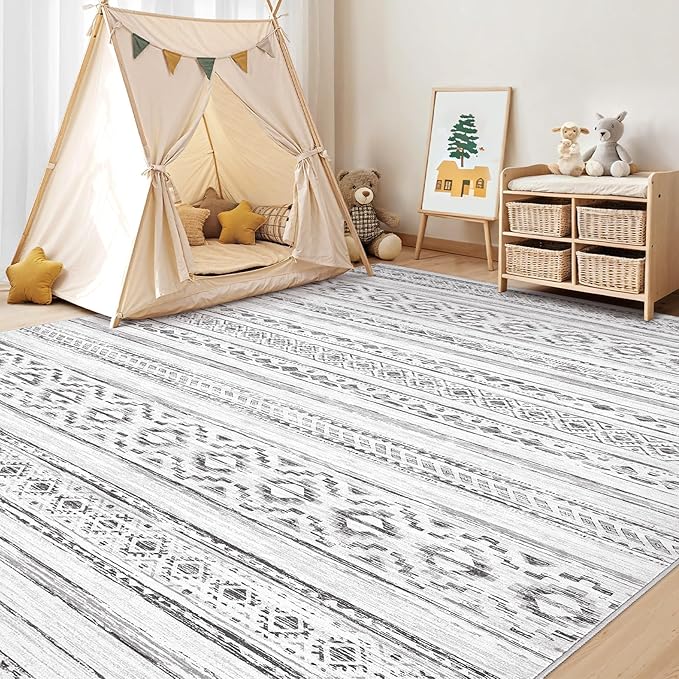 cotiled 10x14 Area Rug Living Room: Washable Boho Rugs with Non Slip Backing Large Soft Indoor Stain Resistant Carpet for Bedroom Farmhouse Dining Room Lightweight Home Decor Cream Grey