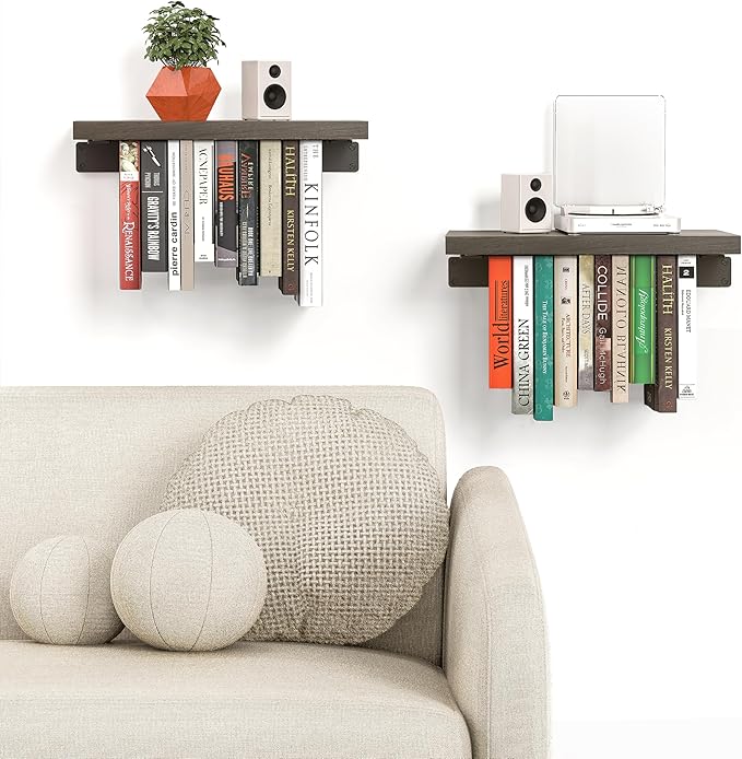 NANATI 2 Set of Floating Bookshelf with Super Load-Bear Shelf Brackets, Paulownia Wood Invisible Bookshelf, Hanging Bookshelves for Wall, Unique Space Saving Wall Bookcase