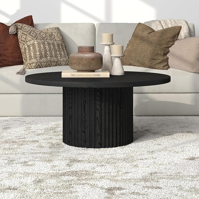 Henn&Hart 32" Fluted Round Wooden Pedestal Low-Profile Coffee Table with Ribbed Pedestal Base for Living Room, Family Room, Office, or Apartment, Natural Black