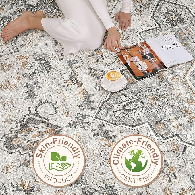 5x8 Area Rugs Living Room: Washable Boho Large Neutral Vintage Soft Rug Stain Resistant Distressed Farmhouse Non-Slip Indoor Floor Carpet for Bedroom Nursery Kids Office Dining Room- Taupe