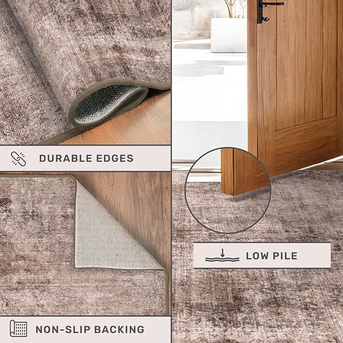 Hazo Haus Brown Living Room Rug 8x10 - Retro Washable Rug for Dining Room, Fireplace, Bedroom, Non Slip Low Pile Abstract Warm Tan and Terracotta