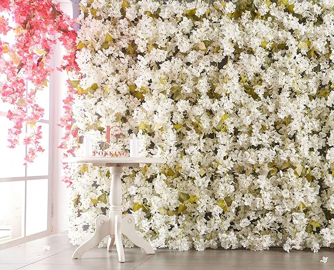 PONKING Flower Garland, Artificial Hydrangea Vine Flowers, Hanging Fake Hydrangeas Vine for Room Anniversary Wedding Birthday Christmas Wall Arch Decor, 2 Pcs, Floral Garland, White Flower