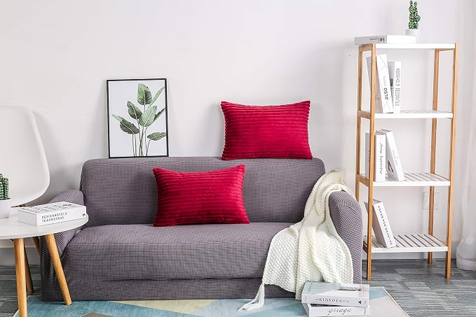 TangDepot Velvet Big Corduroy Pillow Covers 12x24 Deep Red 2-Pack | Soft wide-stripe corduroy pillow cover, hidden zipper, machine washable, easy refresh, for bedroom living room indoor outdoor