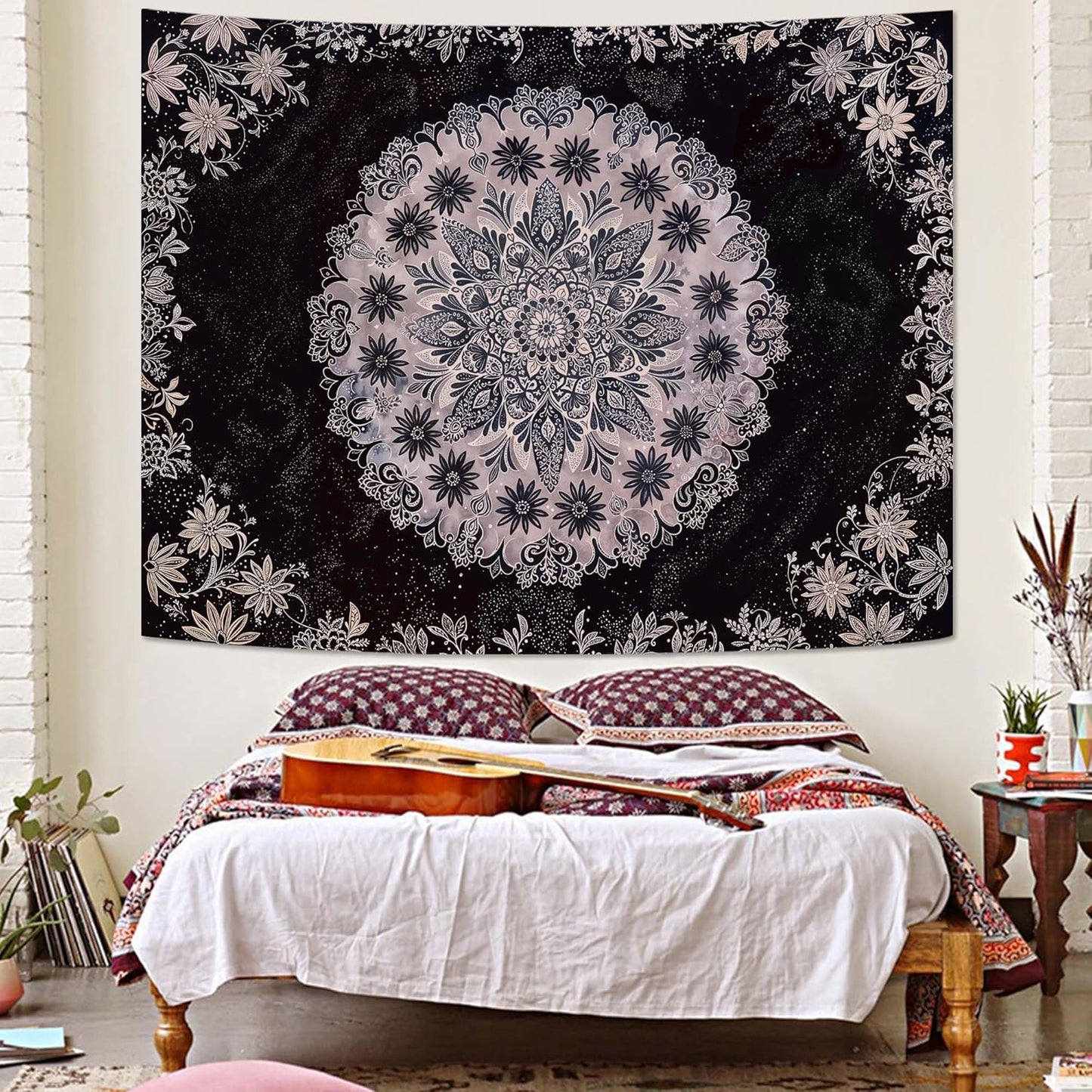 Fowocu Boho Floral Mandala Tapestry Wall Hanging Grey Bohemian Flower Medallion Tapestry Aesthetic Gray Black Hippie Indian Small Tapestries for Bedroom Living Room Dorm Decor 48 x 36 Inch
