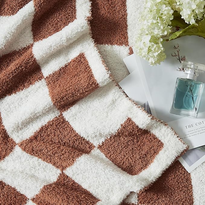 WRENSONGE Soft Checkered Throw Blanket for Couch-Cozy Warm Knitted Blankets | Lightweight Warm Fluffy Decor for Women, Mom, Her & Girls, Sofa, Chair, Bed, 50x60in,Autumn Leaf Orange