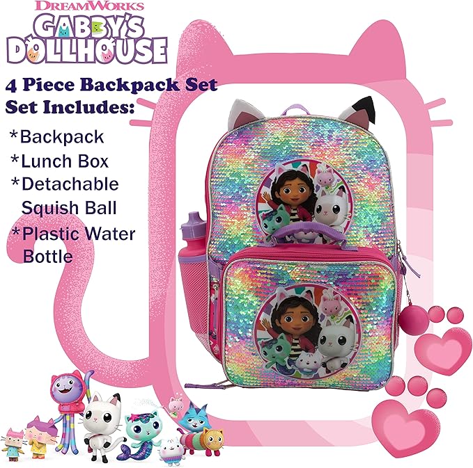 AI ACCESSORY INNOVATIONS Gabby’s Doll House 4 Piece Backpack Set, Flip Sequin 16" School Bag for Girls with Front Zip Pocket, Pink