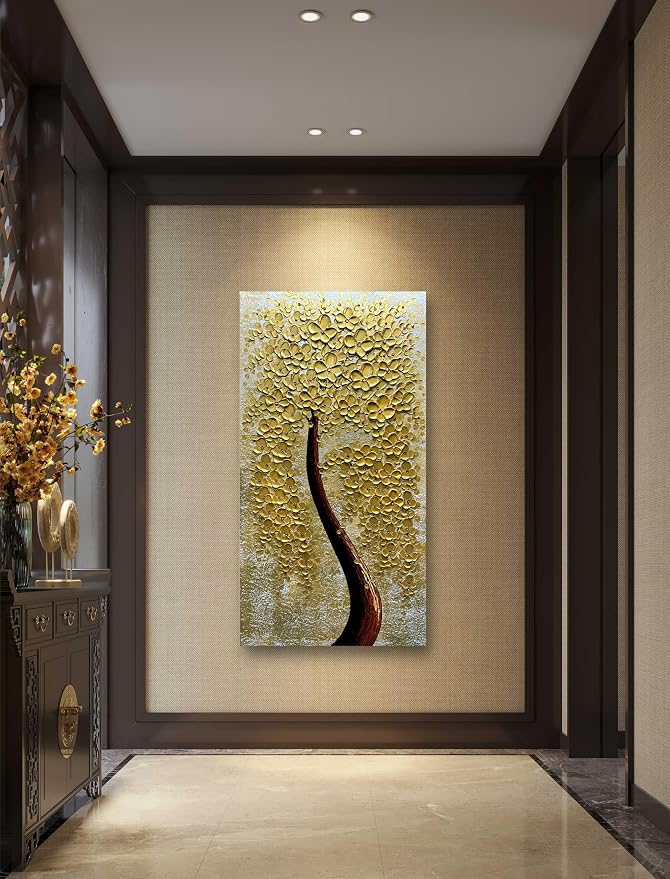 Yika Art Paintings - 24X48 Inch 3D Golden Flower Tree Wall Art Abstract Textured Knife Platte Acrylic Painting on Canvas 3D Flowers Tree Paintings Ready to hang