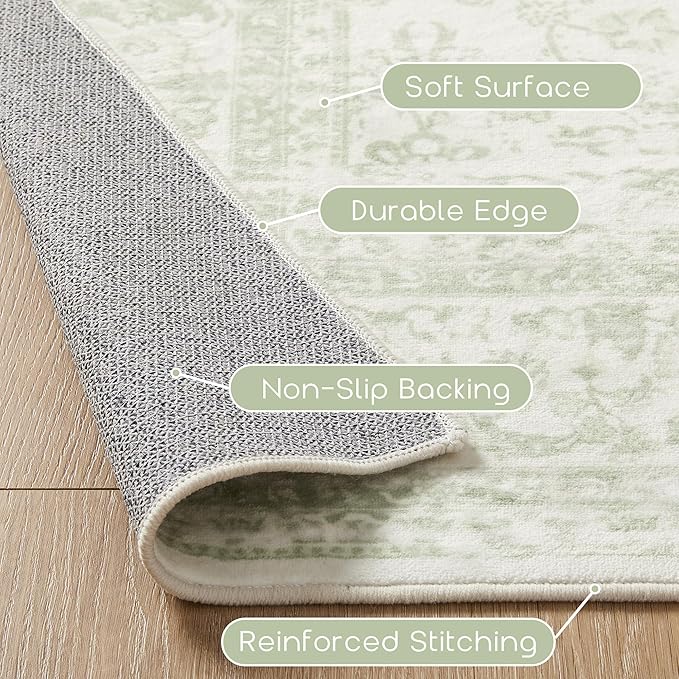 Sage Green Rug 5x7 Baby Girl Nursery Decor Neutral Boho Floral Pattern Distressed Design Washable Soft Cottagecore Area Rugs for Living Room Bedroom Light Green Low Pile No Slip Carpet 5 x 7