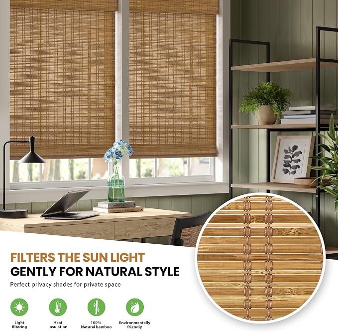 LazBlinds No Drill Bamboo Roman Shades, 34x64, Tuscan B | Light Filtering Window Treatment, No Tools Cordless Roll Up Bamboo Blinds for Window