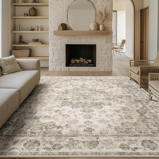 8x10 Washable Neutral Area Rug Taupe Vintage Living Room Bedroom Carpet Non-Slip Soft Low Pile Farmhouse Large Throw Rug for Dining Room Entryway Office
