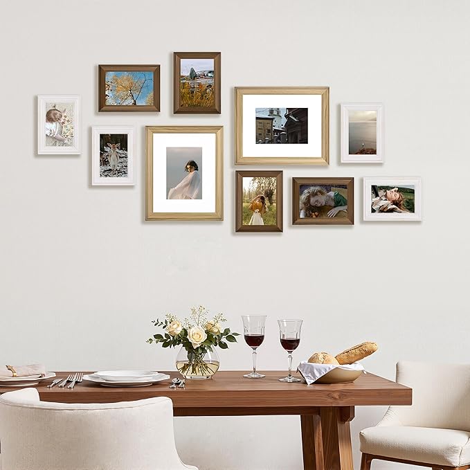 eletecpro Gallery Wall Frame Set of 10, Multiple Sizes Solid Wood Picture Frames Collage Wall Decor Including 2Pcs 8x10, 4Pcs 5x7, 4Pcs 4x6 Photo Frames, Natural, White, Brown