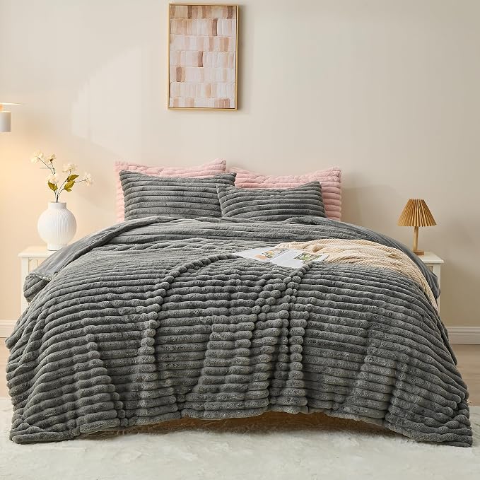Simple&Opulence Fluffy Faux Fur Comforter Set, Plush Fuzzy Minky Bedding Set, 3 Pieces Warm Soft Comforter Bedding Set for Winter - 1 Shaggy Comforter with 2 Pillow Shams(King, Striped - Dark Grey)