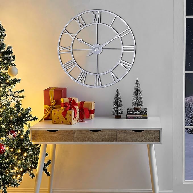 CLXEAST Large Modern 30 Inch Wall Clock Silver, Oversized Big Roman Numeral Metal Wall Clocks for Living Room Decor, Home Office,Dinning Room