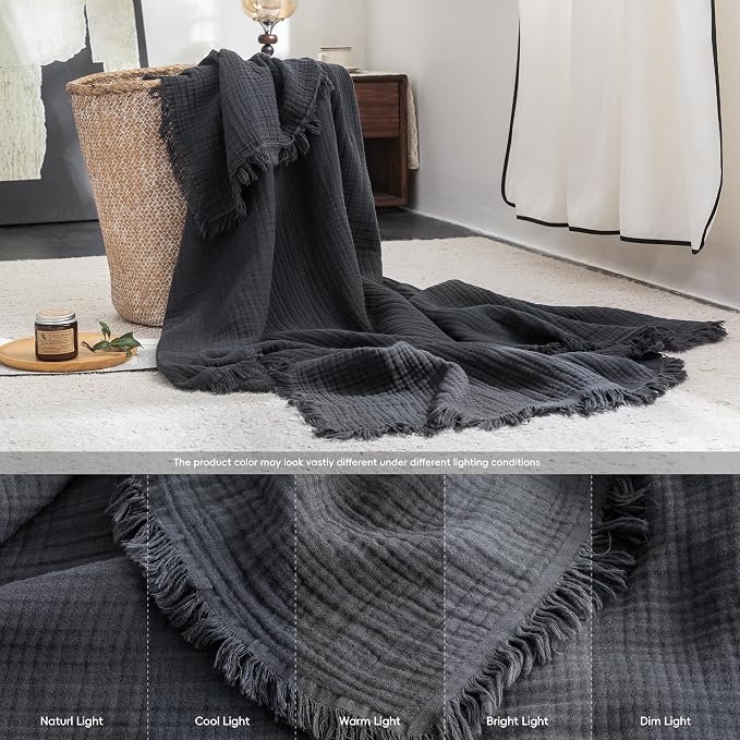 FOSSA Muslin Blanket: 4-Layer 100% Cotton Gauze Blanket with Fringe 98"x98" | Super Soft Breathable Lightweight All Season & Decorative Blanket or Bed, Sofa, Office (Dark Gray,Oversize Queen)