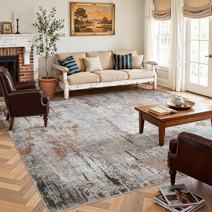 DMOYEST Area Rug Living Room Rugs - 10x12 Large Soft Indoor Neutral Modern Abstract Low Pile Washable Rug Carpet for Bedroom Dining Room Farmhouse Home Office - Grey Rust