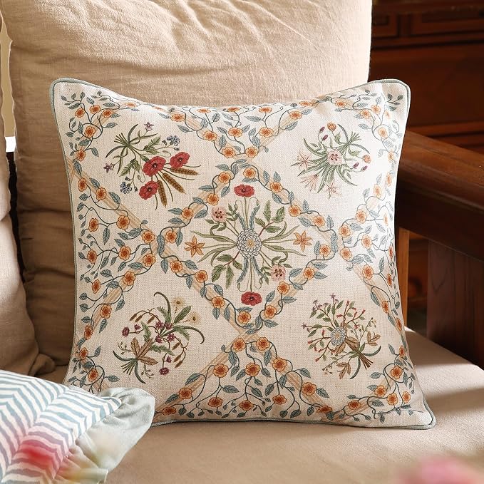 ISAENNE Vintage Linen Throw Pillow Cover,Set of 2,18"x18"-Serenity A | Designer Elegant Square Pillow Cover,Concealed Zipper Design,Floral Pattern,Sofa,Bedroom,Living Room,Lounge Chairs