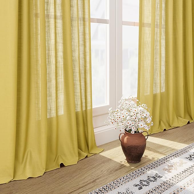 Nanspring Celery Yellow Curtains 120 Inches Long 2 Panels Set Back Tab Loop Pocket Linen Blend Light Filtering Semi Sheer Boho Decor Curtain for High Ceiling Living Room Drapes 52x120