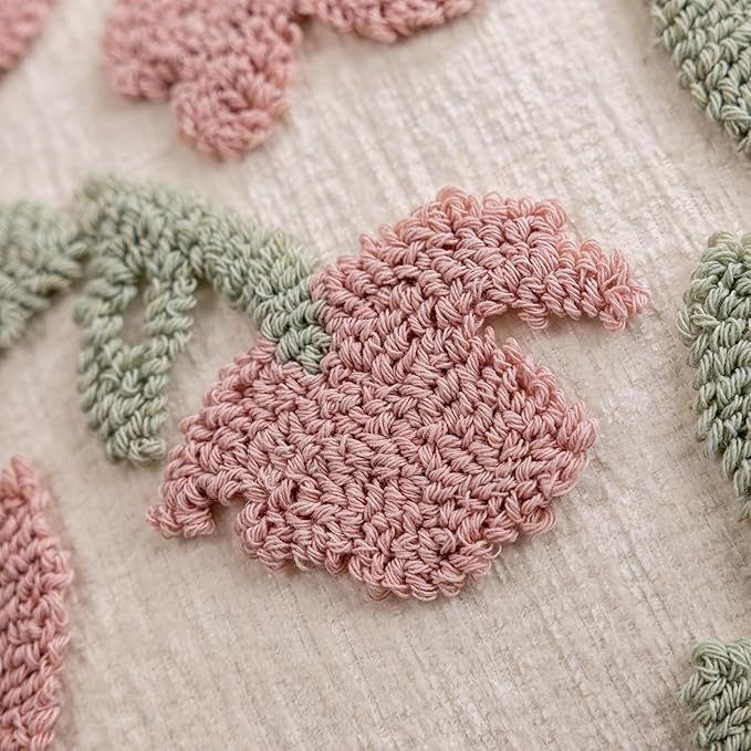 Pink Floral Embroidered Throw Pillow Covers 18" x 18" Set of 2, Farmhouse Flowers Green Leaves Tufted Patterned Cushion Cases for Couch Bed Living Room Decor