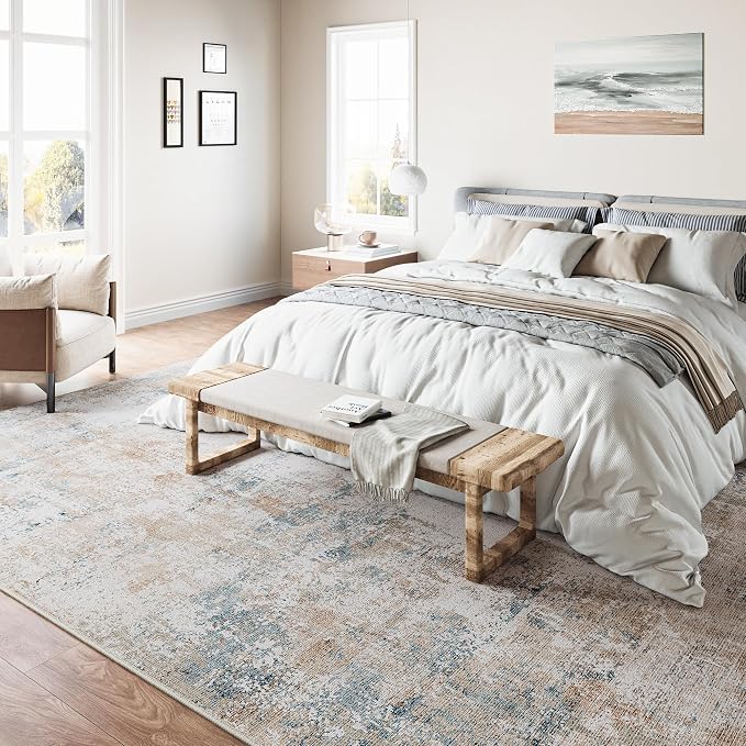 9x12 Washable Area Rug Beige Blue Abstract Non Slip Soft Low Pile Rug for Living Room Bedroom Dining Room Office Neutral Modern Indoor Large Throw Carpet for Home Decor