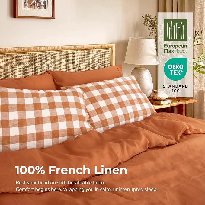 Linen World Linen Plaid Pillow Cases King Size - 20"x40" Set of 2 with Envelope,100% French Flax Gingham Pillowcase,Soft Breathable Natural Pillow Covers,Rust Plaid