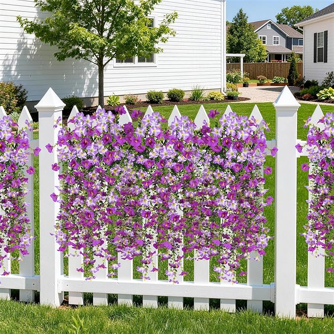 Artificial Fake Flowers Plants for Outdoor Spring Summer Decoration,2 PCS Faux Silk Morning Glory with Eucalyptus Leaves,UV Resistant Realistic Outdoor Flowers for Balcony Porch Patio Yard Garden