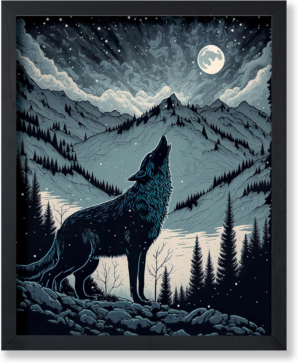 Poster Master Howling Wolf Poster - Moon Print - Mountain Art - Wolf & Moon Art - Gift for Men, Women & Animal Lover - Landscape Decor for Bedroom, Living Room or Kid's Room - 11x14 UNFRAMED Wall Art