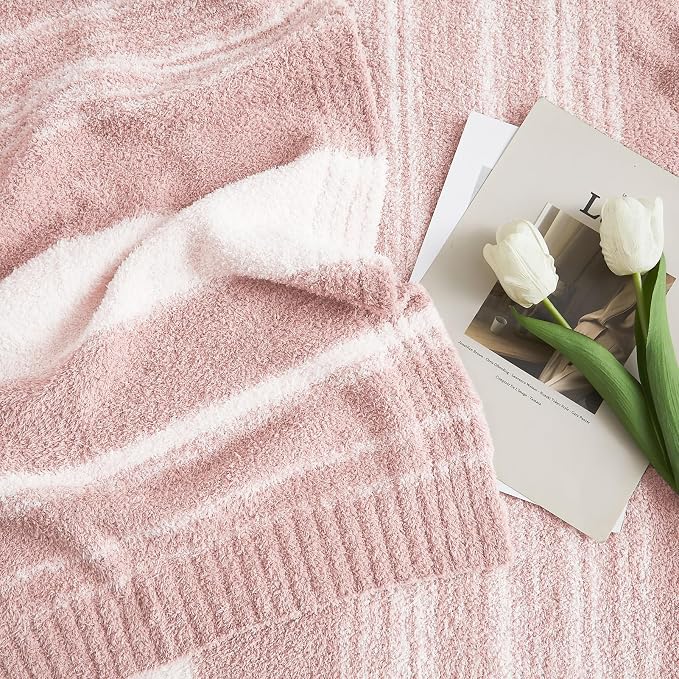 WRENSONGE Soft Throw Blanket for Couch-Cozy Reversible Knitted Blankets | Lightweight Warm Fluffy Decor for Women, Mom, Her & Girls, Sofa, Chair, Bed, 50x70in, Pink Stripe