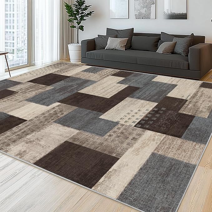 Modern Geometric Patchwork Indoor Area Rug for Living Room, Blue-Taupe 4'x 6' Large Rug Rockwood Collection Hardwood Floors Decor for Bedroom, Blue Throw Carpet for Office Entryway Dining Room