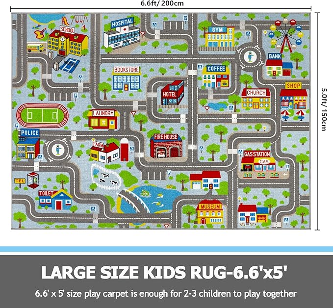 Capslpad Sky Blue Car Road Kid Rug Carpet Playmat for Playoom Traffic Road Kids Play Mat for Toddler Non Slip Washable City Map Race Track Carpet Rug for Kids Room Bedroom Nursery Room Decor,6.6'x5'