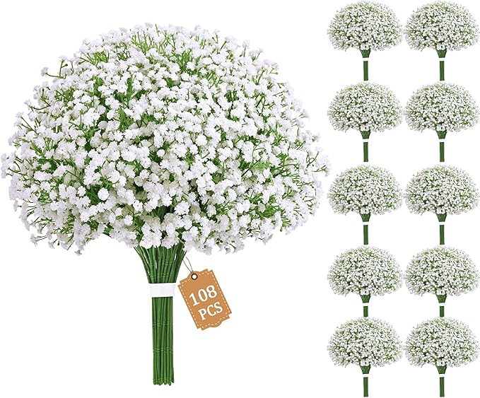 MARTINE MALL 108 Pcs Babys Breath Artificial Flowers, White Baby Breath Flowers Artificial Bulk Real Touch Fake Babys Breath Flowers Faux Gypsophila for Wedding Party Home Floral Arrangement Decor