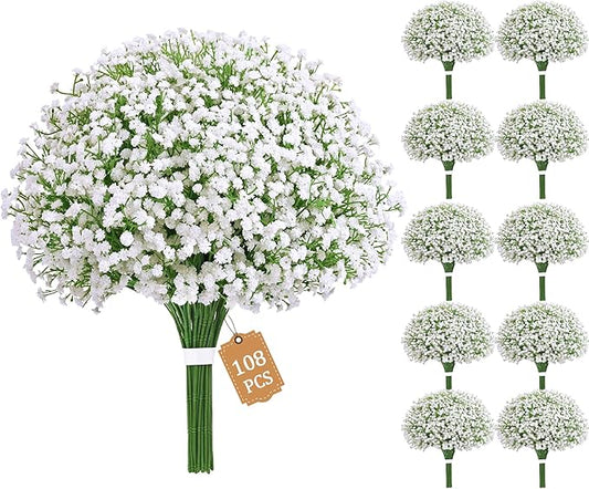MARTINE MALL 108 Pcs Babys Breath Artificial Flowers, White Baby Breath Flowers Artificial Bulk Real Touch Fake Babys Breath Flowers Faux Gypsophila for Wedding Party Home Floral Arrangement Decor