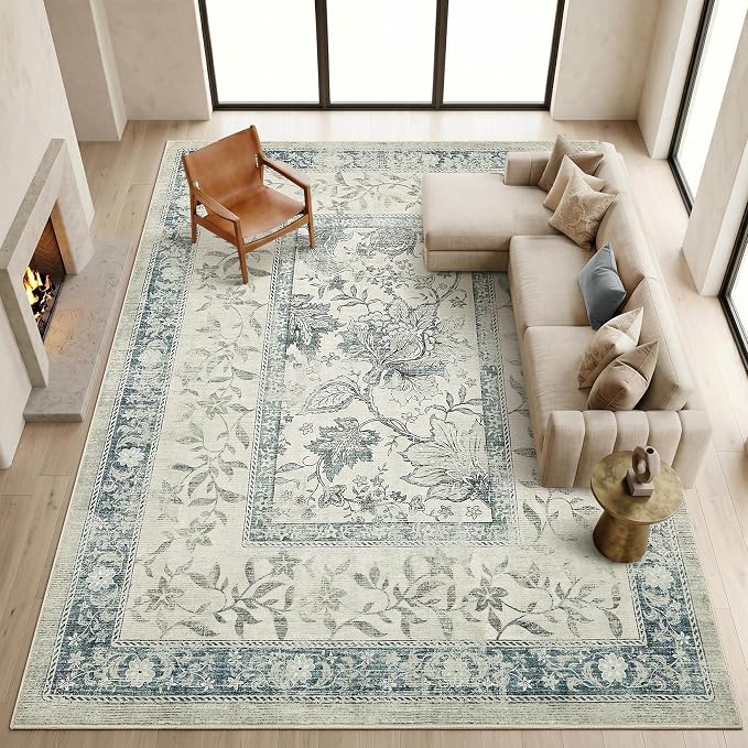 GarveeHome Vintage Blue Area Rug 10x13 for Living Room Washable Cottage Core Farmhouse Low-Pile Stain Resistant Non-Slip Large Carpet for Bedroom Dining Room Home Office TPE Backing Indoor Decor